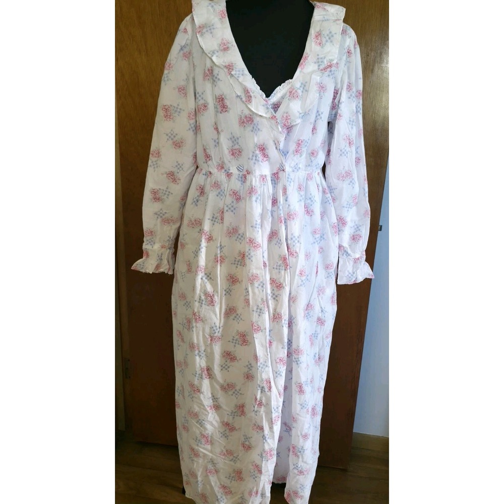 VTG Eileen West Nightgown Robe Set M Cotton Pink Blue Floral Cottagecore 2pc